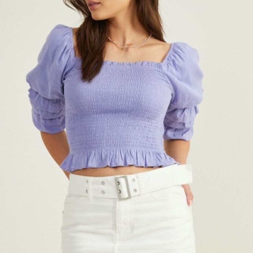 Altar’d State Lavendar Purple Smocked Bubble Sleeve Crop Top Size XS
